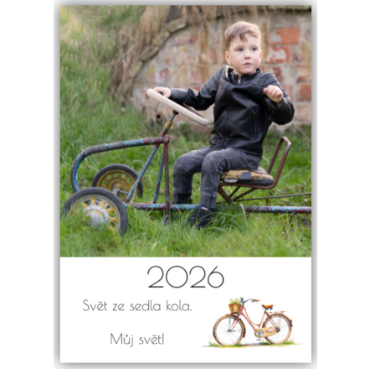 Kalendář z recyklovaného papíru s dřevěným stojánkem. - Bicykl na výšku
