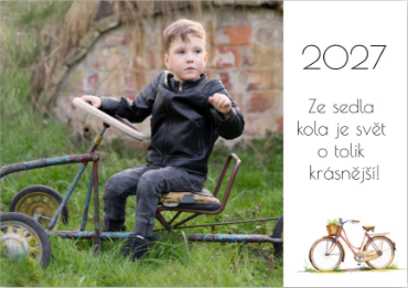 Kalendář z recyklovaného papíru s dřevěným stojánkem. - Bicykl na šířku